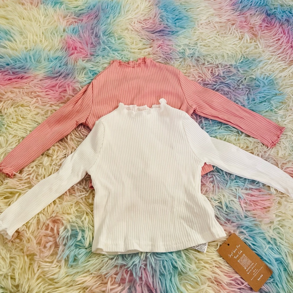 Ruffled Long Sleeve Baby cotton mock neck Top - Pink and White